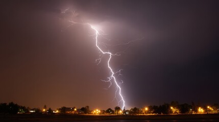 A dramatic summer storm brings bright lightning that illuminates a calm residential neighborhood. The dark sky contrasts with the warm glow of streetlights and homes below.