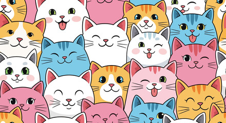 A seamless pattern featuring a variety of cute and colorful cartoon cat faces. The playful and whimsical design is perfect for children's projects, fabric, and pet-themed prints
