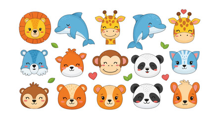 A collection of cute cartoon animal faces including a lion, dolphin, giraffe, bear, fox, monkey, panda, raccoon, and squirrel with hearts and leaves