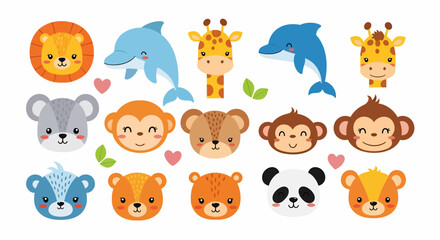 A collection of cute cartoon animal faces including a lion, dolphin, giraffe, bear, fox, monkey, panda, raccoon, and squirrel with hearts and leaves