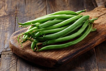 Fresh green beans arranged on a rustic wooden cutting board ready for cooking or meal preparation