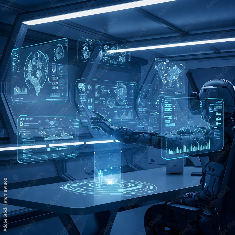 Poster futuristic robot interacting with holographic data displays in advanced technology control room
