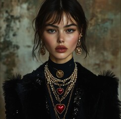 Elegant woman adorned with luxurious necklace showcasing intricate designs and shimmering details, confidently modeling in stylish setting surrounded by artistic textures and rich colors