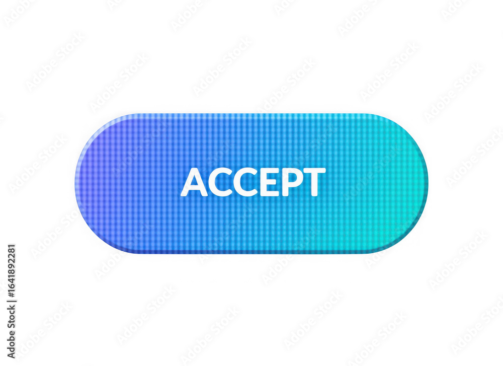 Poster glowing blue and purple accept button with white text isolated on transparent background