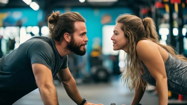 A man and woman are working out at the gym, doing push-ups with smiling faces. The couple is exercising together, face to face, in a fitness setting, creating a positive and motivating atmosphere. - Powered by Adobe