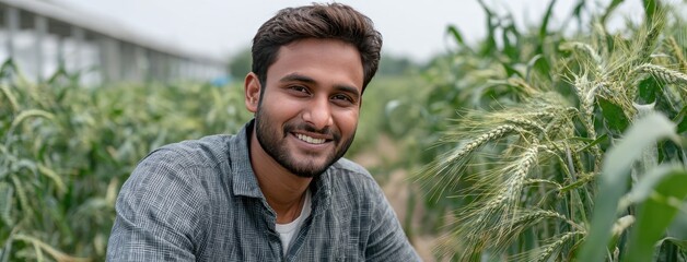 A joyful farmer works in a vibrant green field, contemplating seeds in his hands while dressed in traditional attire