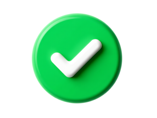 Glossy 3D bright green circular button with a bold white checkmark, symbolizing success or approval.