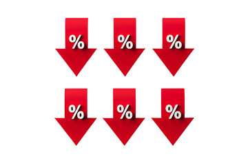 Six glossy 3D red downward arrows with white percentage symbols, illustrating decline or discount.
