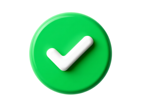 Glossy 3D bright green circular button with a bold white checkmark, symbolizing success or approval.