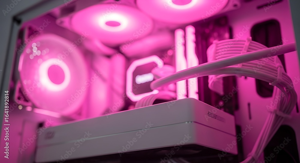 Aufkleber close up of a custom built gaming computer with pink rgb lighting illuminating the internal componen