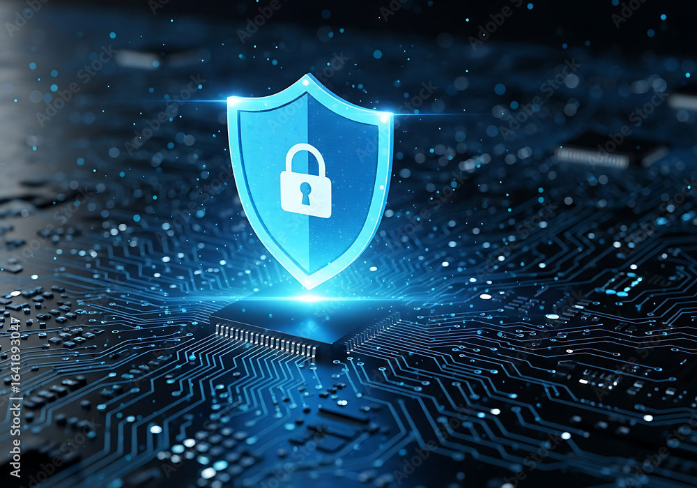 Poster cybersecurity shield protecting computer chip: a digital security concept.