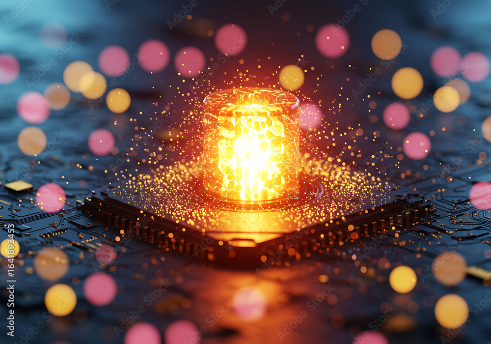 Poster futuristic glowing core on circuit board with bokeh effects