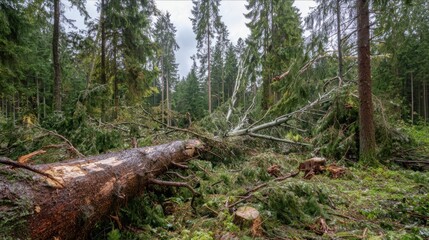 Fototapeta premium A dense forest reveals significant damage from a recent storm, with several fallen trees and scattered branches creating a chaotic landscape. The sky is overcast, hinting at continued rain.