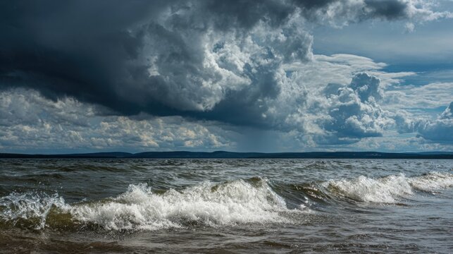 Waves crash against the sandy beach as dark clouds loom overhead. The atmosphere is tense, hinting at an approaching storm on the horizon.