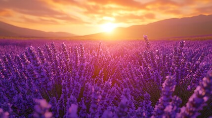 Naklejka premium A surreal field of endless lavender flowers under a golden sunset sky, the fragrant blossoms swaying in the breeze.