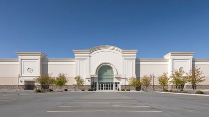 Commercial Real Estate Facade of a Large Retail Storefront with Empty Parking Lot on a Sunny Day