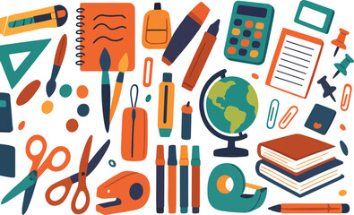 Charming hand drawn school supplies and educational elements set perfect for stickers and back to school decorations for children