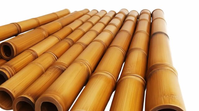Bamboo stalks arranged on a white surface, seen from a low angle.