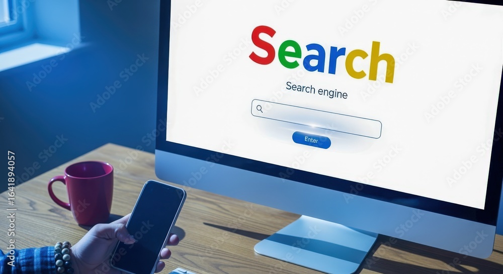 Poster searching the internet on computer screen with mobile phone for online information and connection