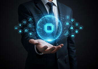 Futuristic Digital Sphere on a Businessman's Hand Showing Technology Concepts