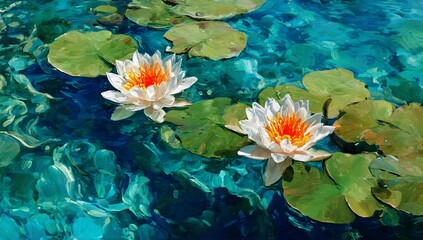 Two water lilies float in turquoise water with lily pads