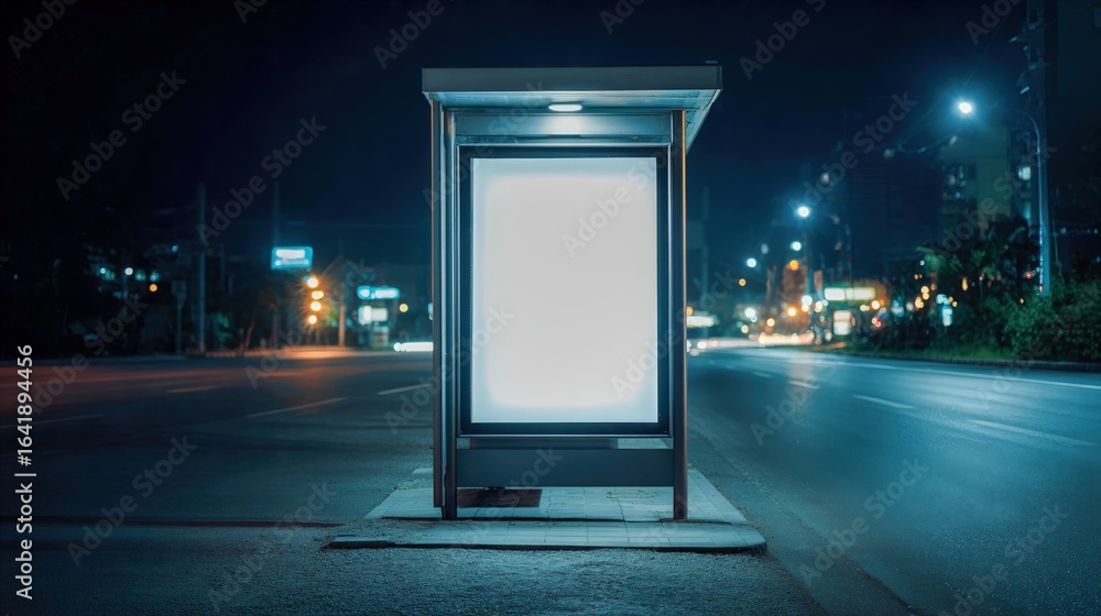 Poster illuminated bus stop advertisement mockup at night with a blank white display for custom messaging