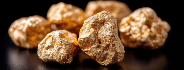 Gold nuggets glisten against a black backdrop, emphasizing their natural beauty and value as precious resources found in mining