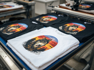 Black and white t shirts with wolf graphic image