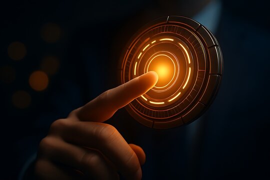 Finger Activating Glowing Orange Futuristic Button technology circular
