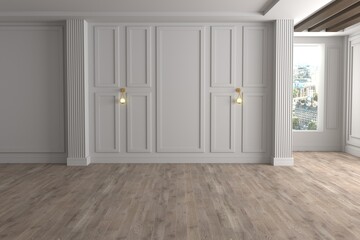Modern interior with blank wall and wooden parquet, empty room and panel, 3D rendering