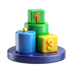 3d illustration of colorful toy blocks with numbers one, two, and three on a blue platform isolated on transparent background