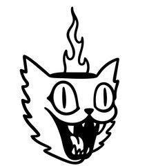 Psychedelic flaming cat head with crazy eyes — surreal cartoon-style black and white illustration with chaotic expression and open mouth