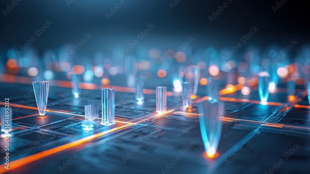 Poster futuristic abstract grid network with glowing nodes and connections, representing technology and inn