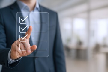 Businessman Pointing at Digital Checklist with Completed Tasks, Project Management and Planning Concept