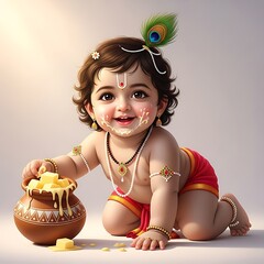 Adorable baby krishna crawling playfully reaching for a pot of delicious butter with a peacock feather in his hair