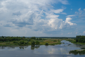 City park with a lake, with an old fence and large trees, summer day