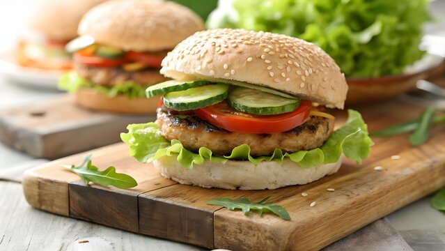 Deliciously fresh gourmet burger topped with sliced cucumbers and tomatoes on a sesame seed bun