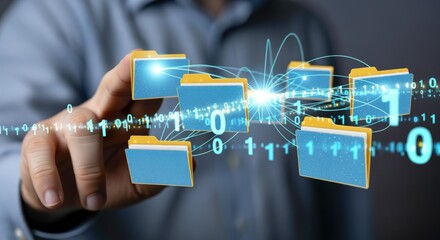 Digital Data Management: Businessman Navigating Virtual Folders and Binary Code in a Modern Technology Environment