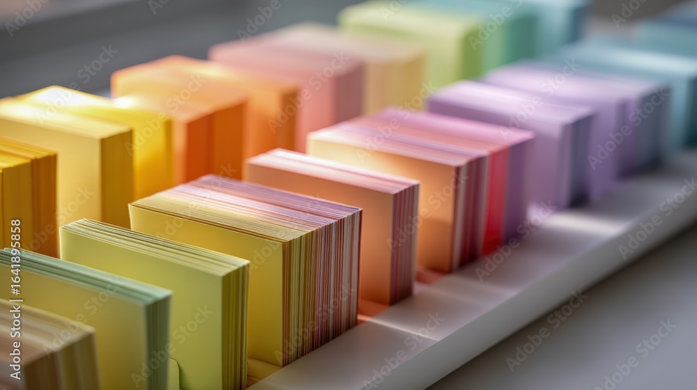 Poster Pastel Colored Paper Stacked Neatly in a Row, Multicolored Notes for Organization and Creativity