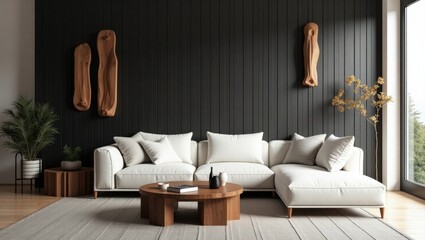 Minimalist Modern Living Room with White Sofa and Wooden Wall Accents – Contemporary Home Design