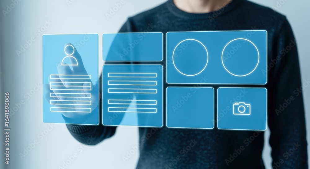 Aufkleber interactive interface: man interacting with a futuristic touchscreen display for data visualization 