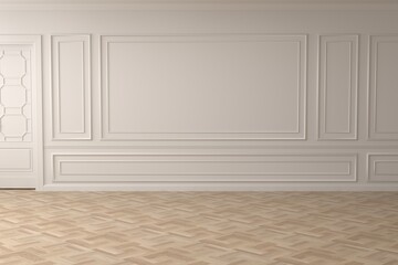 Classic interior with blank wall, panel, moldings. 3d render illustration mock up.