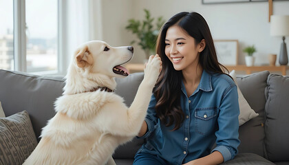  Happy Asian Woman Giving a Paw-shake to Her Golden Retriever Dog. Pet Love, Friendship, and Lifestyle Concept, Ideal for Blogs, Social Media, and Pet-Related Content