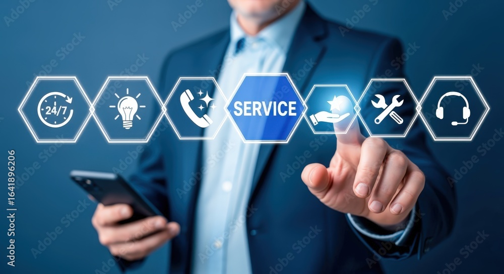 Poster customer service specialist touching virtual interface with icons representing support and assistanc