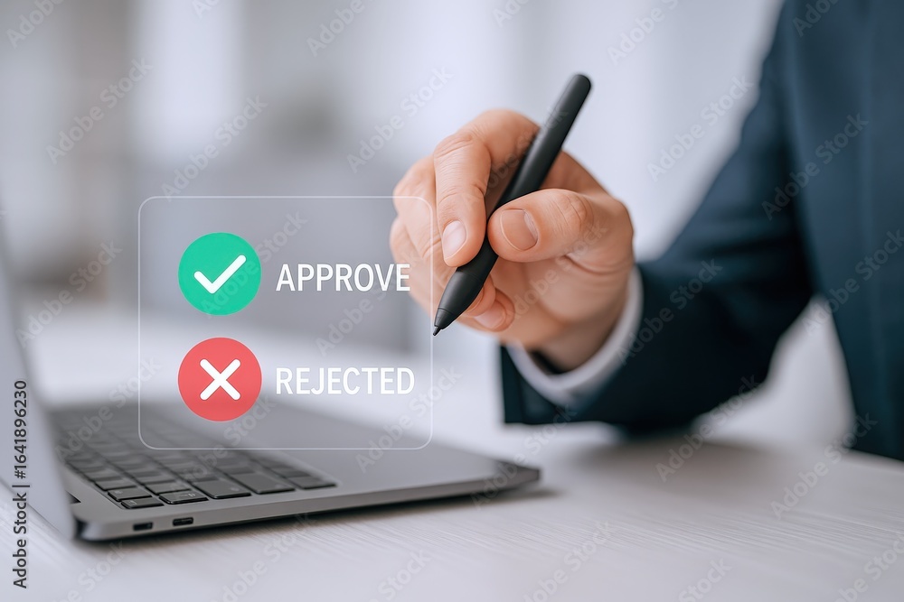 Poster businessperson digitally approving or rejecting a request with a stylus on a laptop screen for effic