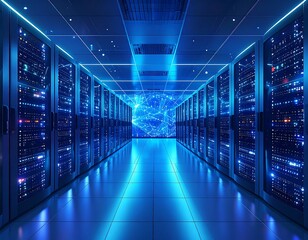 Server room lit by blue light