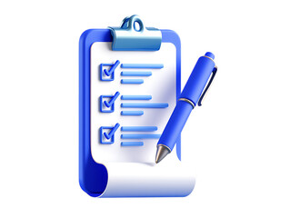 Organized blue 3D clipboard icon with a completed checklist and pen, symbolizing task management and planning.