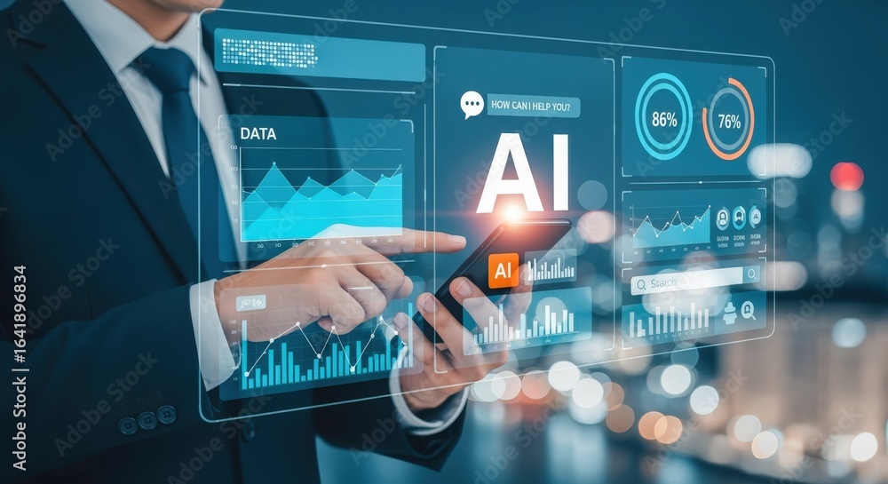 Aufkleber businessman interacting with ai interface displaying data analytics, charts, and futuristic technolo