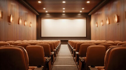 Empty Theater Auditorium with Seats and Blank Screen for Advertising, Entertainment, or Business Presentation