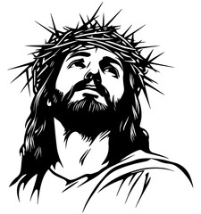 Jesus Christ wearing a crown of thorns, looking upward with a serene, spiritual expression, faith, sacrifice, divinity, Christian devotion, passion of Chris